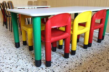 colorful plastic chairs seated around a child's table.